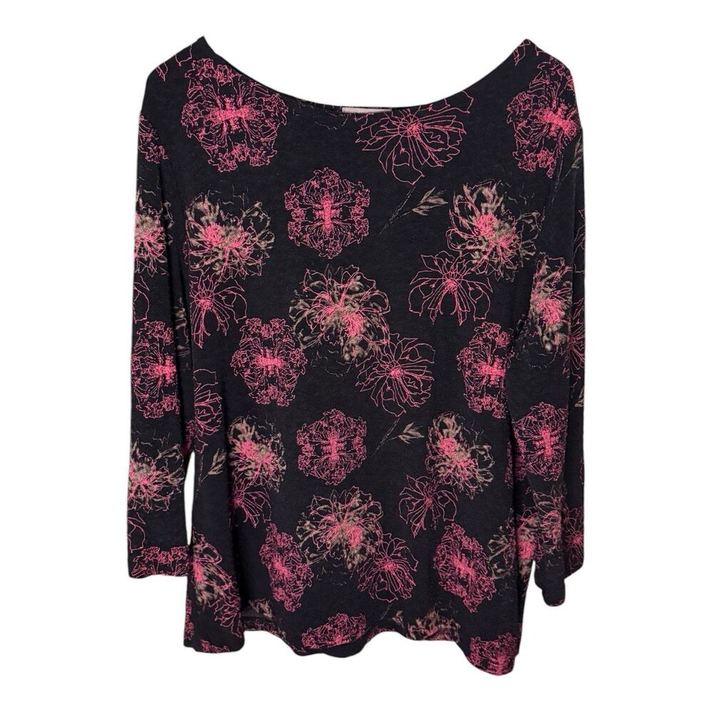 Investments 3X Plus Size Black Pink Floral Textured Long Sleeve Top Blouse